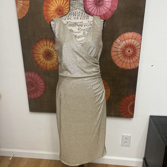 Lauren Ralph Lauren Metallic Silver Faux Wrap Sheath Dress Ruched Bodycon Sz 10 - Picture 1 of 8